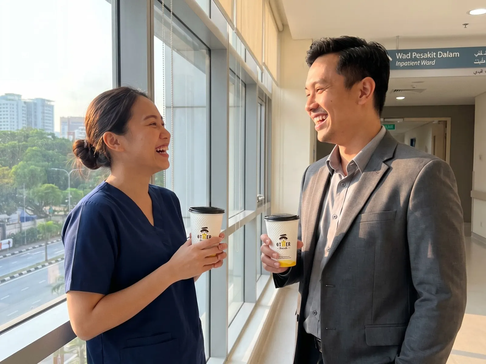 Two hospital staff holding Otter cups at a corridor window