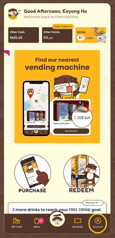 Otter web app home screen with the Account tab highlighted