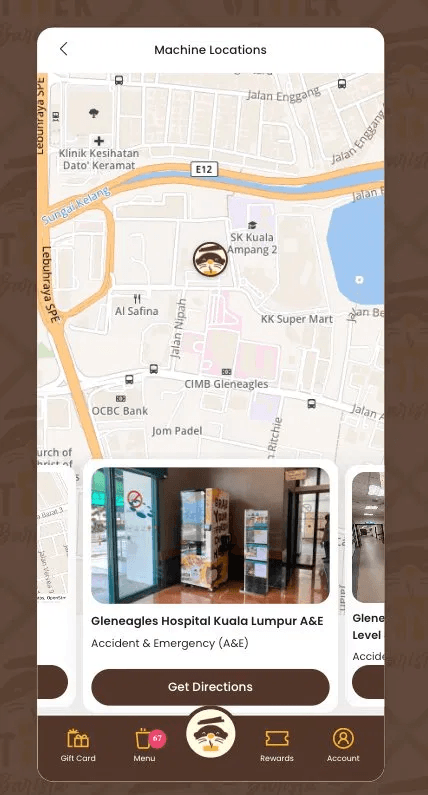 Machine Locator screen showing nearby Otter machines on a map