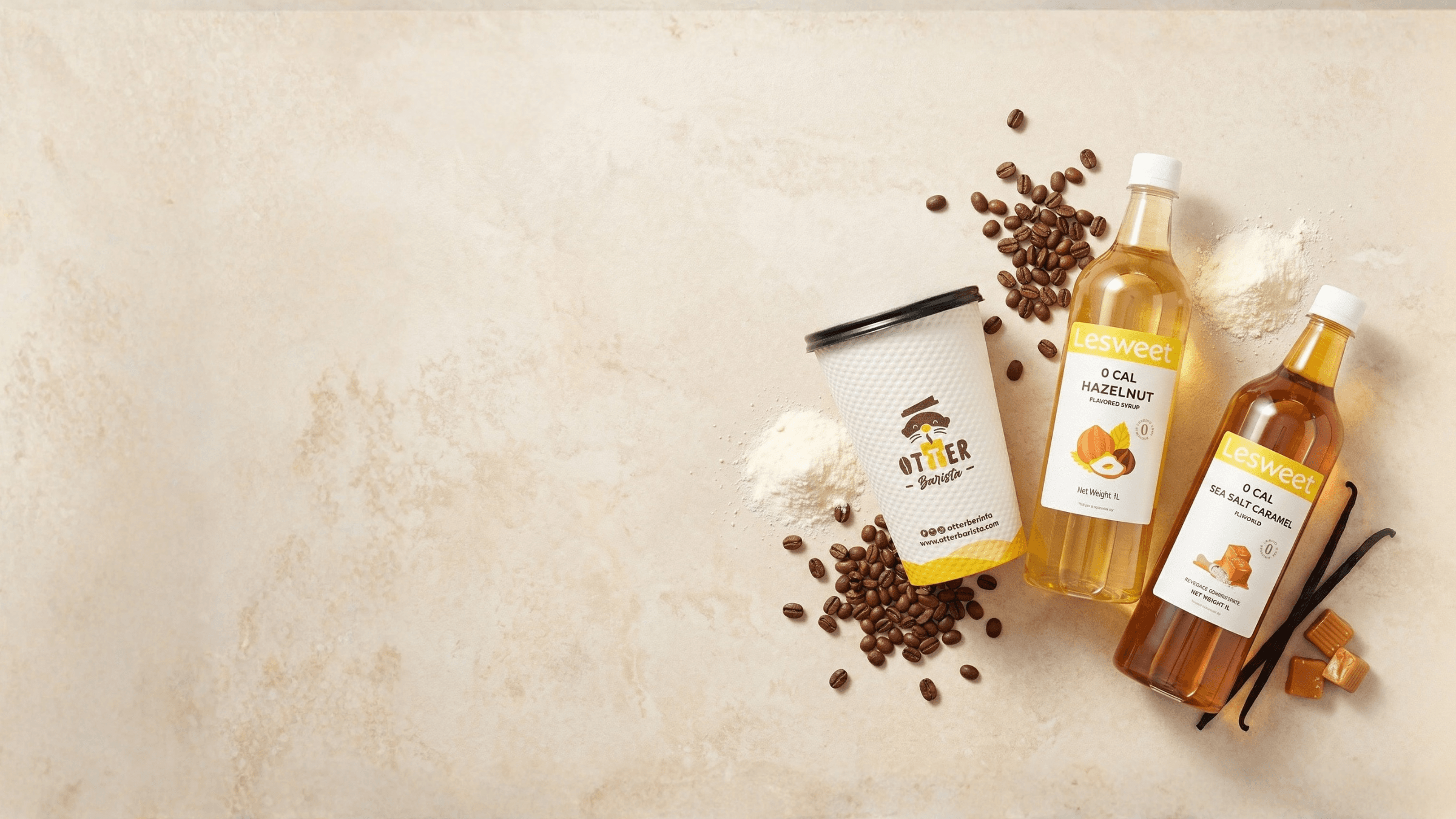 Otter wholesale ingredients — beans, milk powder, syrups, and cups laid out on a surface