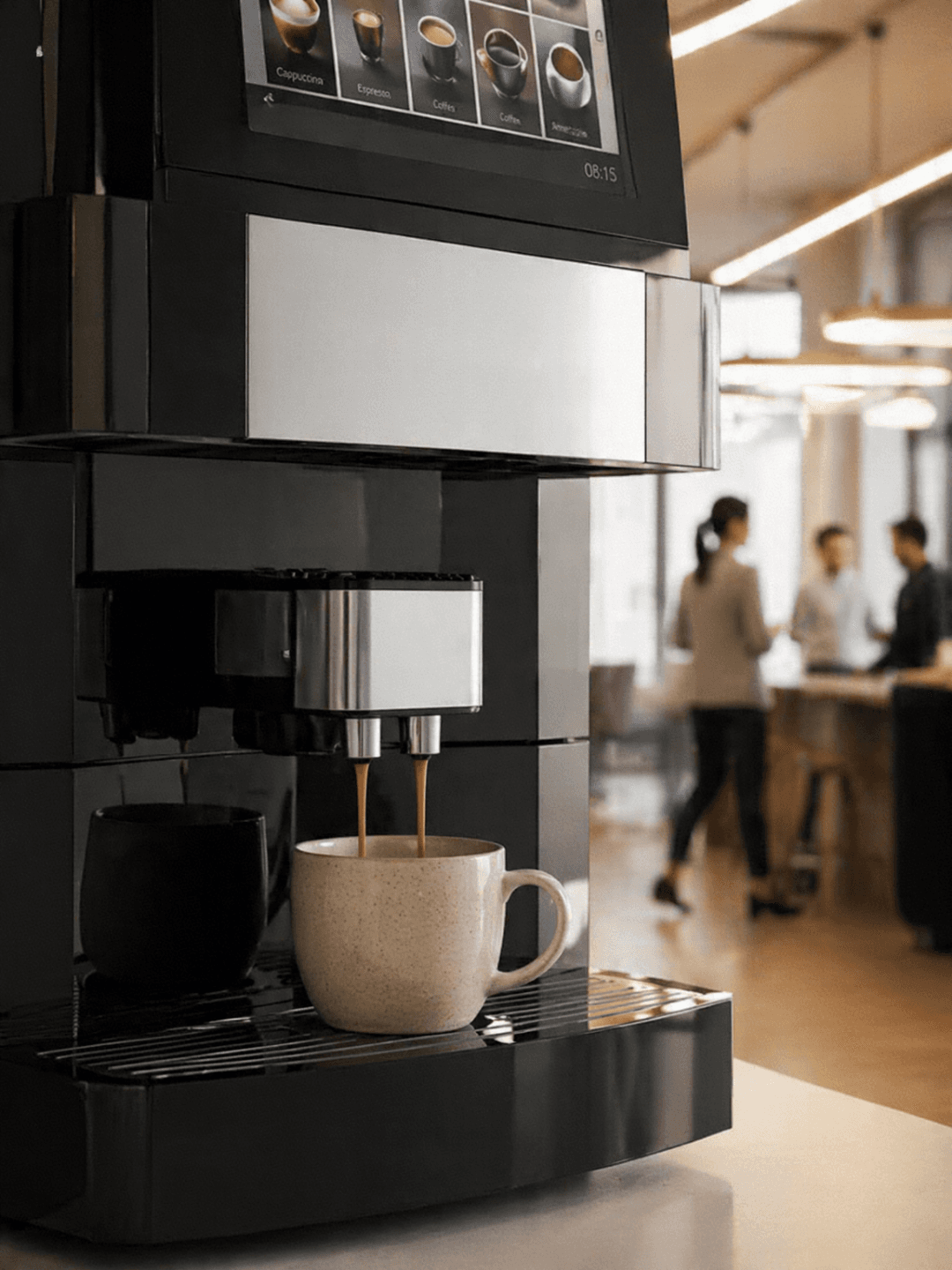 Otter robotic barista dispensing freshly brewed coffee into a ceramic cup inside a modern office pantry during morning rush hour.