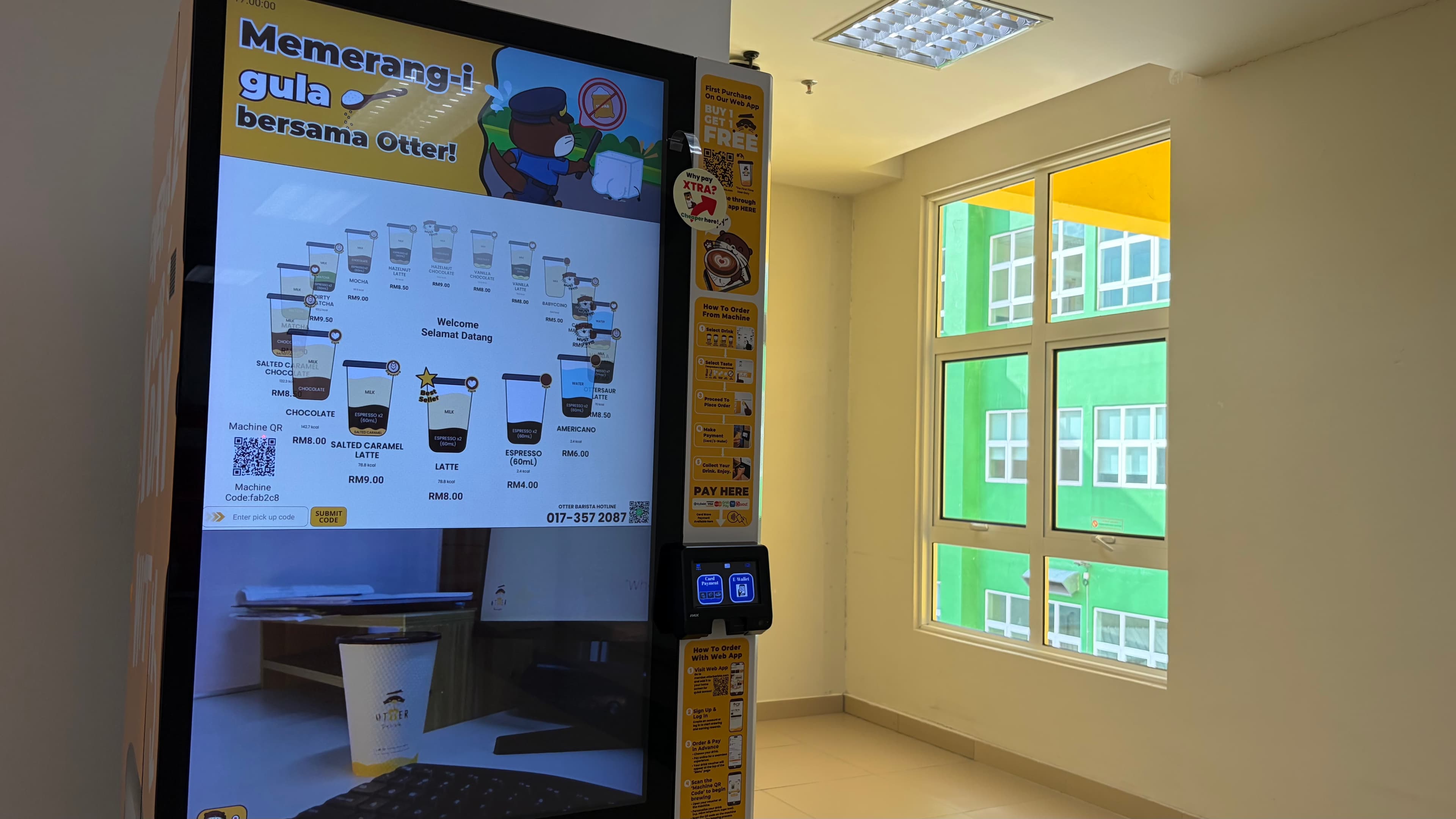 Sleek robotic Otter coffee machine dispensing espresso drinks to suited professionals in a modern high-rise office lobby during morning rush hour.