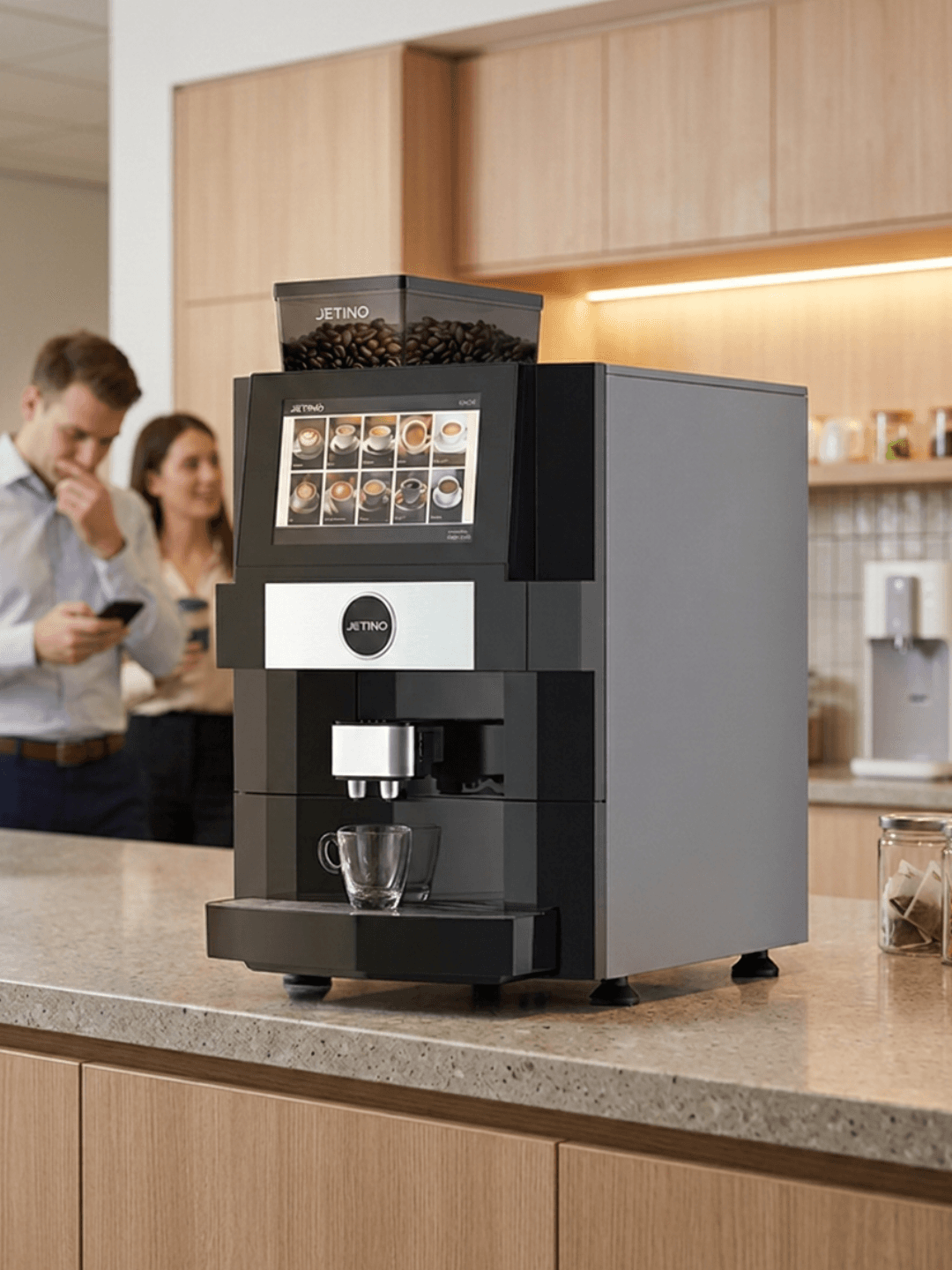 Sleek white Otter robotic barista dispensing espresso into a ceramic cup in a modern office pantry with employees queuing nearby.